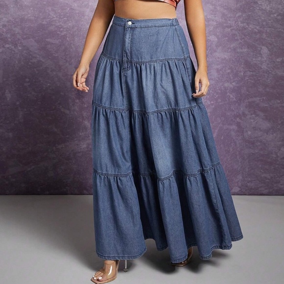 Plus Medium Wash High Waisted Ruffle Hem Western Maxi Skirt - Picture 4 of 6